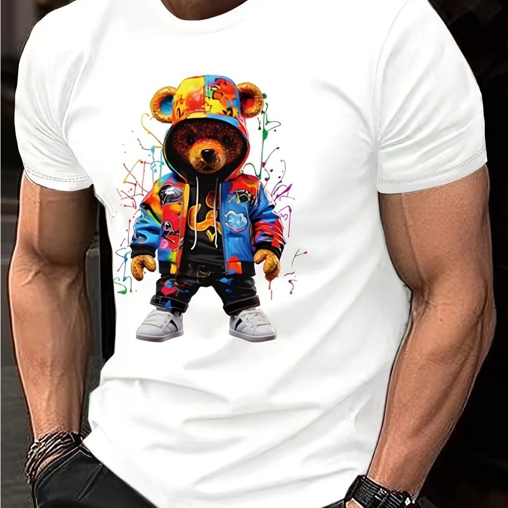 Gildan White Tee with Colorful Bear Graphic
